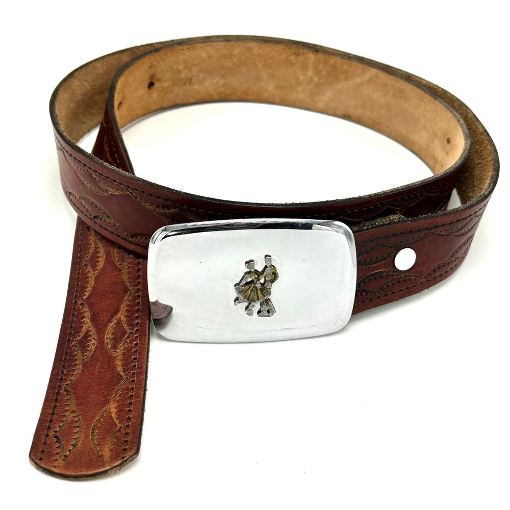 Embossed Leather Belt with Polished Silver Buckle